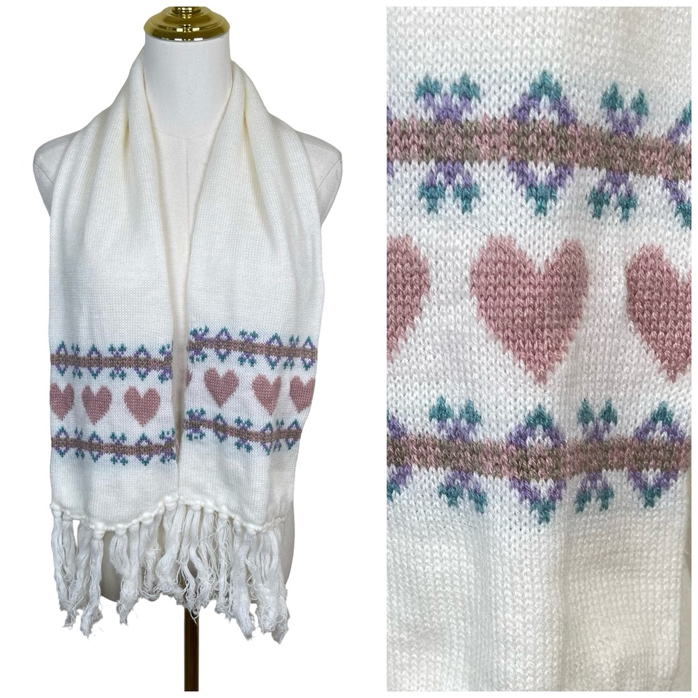 Vintage Knit Heart Fair Isle Scarf White Pink Purple Fringed Patel 80s‎ 90s